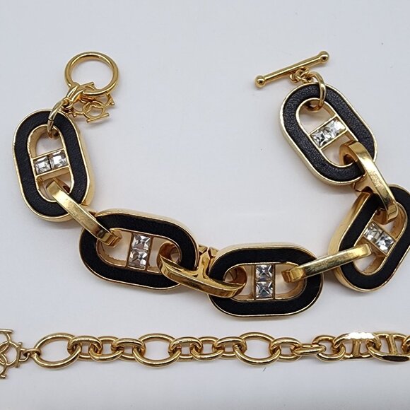 Ann Taylor Bracelet & Necklace Set Inlay Black Leather Gold Tone Chunky Chain VT - Picture 5 of 9